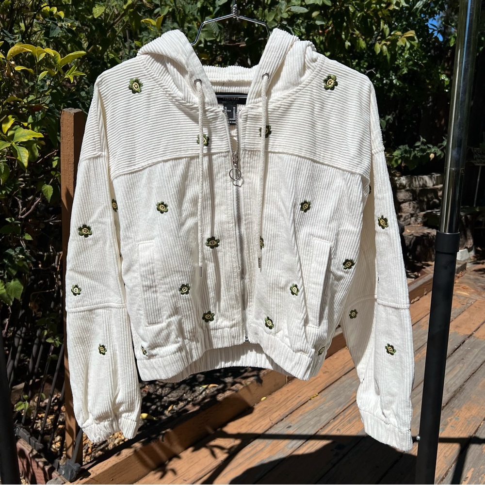 Women's White Corduroy Hoodie Jacket with Green Smiley Flowers Pattern Size XS